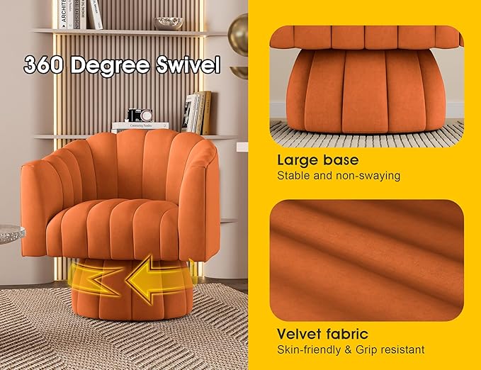 Accent Chair Mid Century 360 Degree Swivel Chair,Modern Lounge Sofa Round Barrel Chair with Wide Upholstered,Fluffy Velvet Fabric Chairs for Home Sofa Living Room/Bedroom/Waiting Room (Orange)