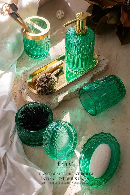 EMPO 6PCS Bathroom Clear Glass Accessories Set (Lotion Soap Dispenser, Soap Dish, Toothbrush Holder, Tumbler, Cotton Swab Jar), Contemporary Modern Decor Crystal Vintage Gift (6pcs Vintage Jade)