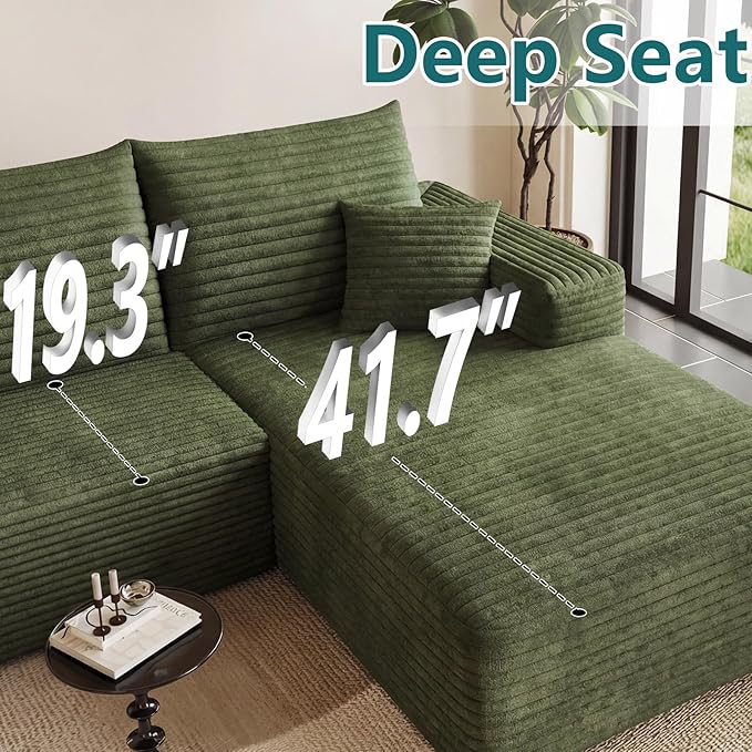 95" Modular Sectional Couch, Boneless L Shaped Cloud Sofa with Chaise Lounge, Corduroy Upholstered Couches Memory Foam Deep Seat, No Assembly Required, Ideal for Living Room(Green, Right Facing)