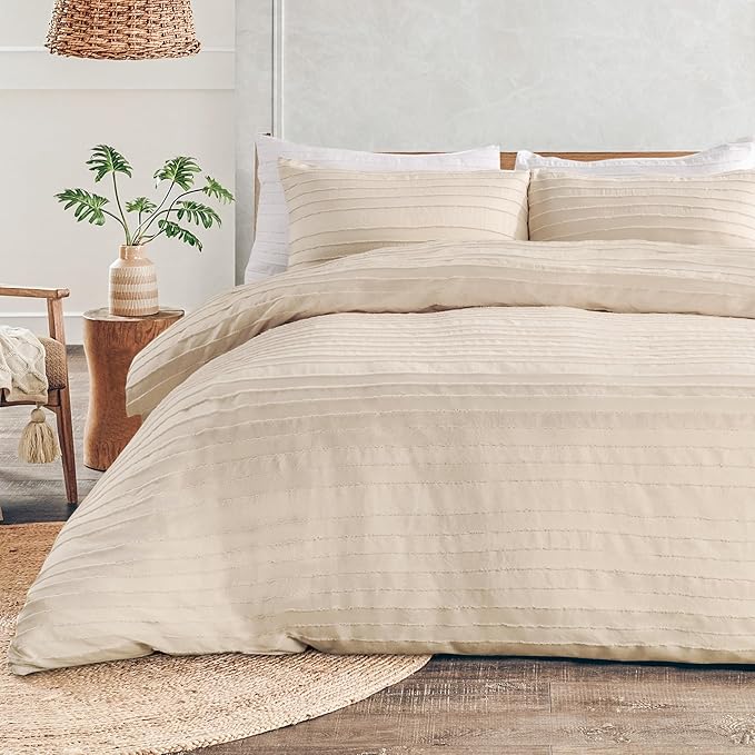 NEXHOME PRO Duvet Cover Full Size,3 Pieces Boho Tufted Duvet Cover Set, Soft and Lightweight Microfiber Comforter Cover Set for All Season (Khaki Full, 80 x 90)-No Comforter