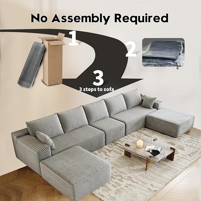 168.5" Modular Sectional Sofa, Oversized U-Shaped Minimalist Couches with 1 Middle Seat and 2 Ottomans Chaise, Modern Deep Seat Convertible Sleeper Sofa, Cloud Plush Corduroy Fabric,7 Seater, Grey