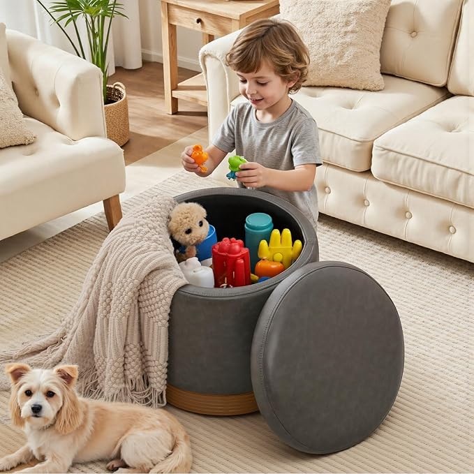 Round Storage Ottoman,Swivel Vanity Stool-Smooth Faux Leather Foot Rest,Footstool Pouf with Sturdy Acacia Wood Frame(500lbs),Small Coffee Table & Hidden Storage Ottoman for Living Room