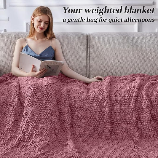 Knitted Weighted Blanket for Adult, Chunky Knit Weighted Throw for Sleep 48"*72" 12lbs, Cooling Breathable Heavy Blanket for Hot Sleepers, Machine Washable Blanket for Room Decor(Pink)