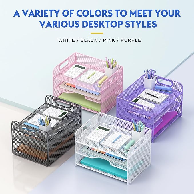 Samstar 3 Tier White Letter Tray Paper Organizer with Handle, Mesh Desk Organizer Paper Sorter File Rack Shelves, White