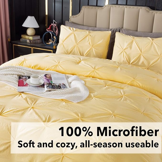 Andency Yellow Pinch Pleat Comforter Full(79x90Inch), 3 Pieces Pintuck Comforter Comforter Set, Microfiber Down Alternative Bed All Season Bedding Set
