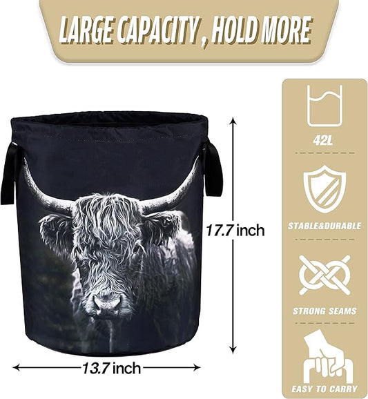 Highland Cow Laundry Basket Animal Foldable Oxford Cloth Funny Tote Bag Laundry Hamper Clothes Storage Bucket Organizer For Bathroom/Laundry Storage/Bedroom Storage Basket 17.7x13.7Inch
