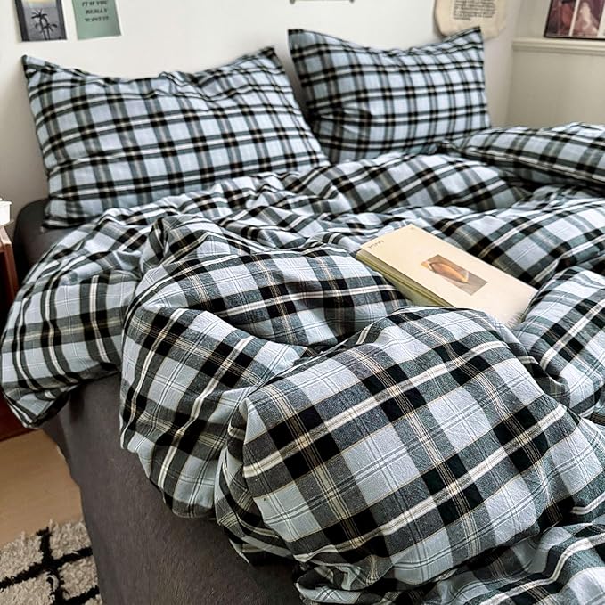 VM VOUGEMARKET Black Grey Plaid Duvet Cover Set King,3 Pieces Washed Cotton Bedding Set,Breathable Luxury Grid Duvet Cover with 2 Pillowcases