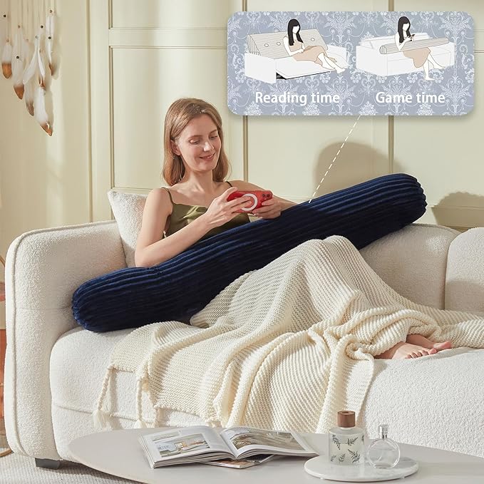 Headboard Wedge Pillow + A Long Neck Roll Pillow Body Pillow，Large Headboard Pillow with Removable Cover (Blue, King：76x8x20 inches)