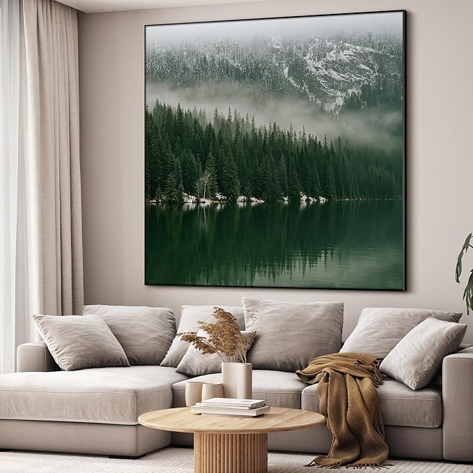 46"x46" XL Framed Wall Art - Misty Forest Landscape Green Pine Trees (Frame Assembly Required)