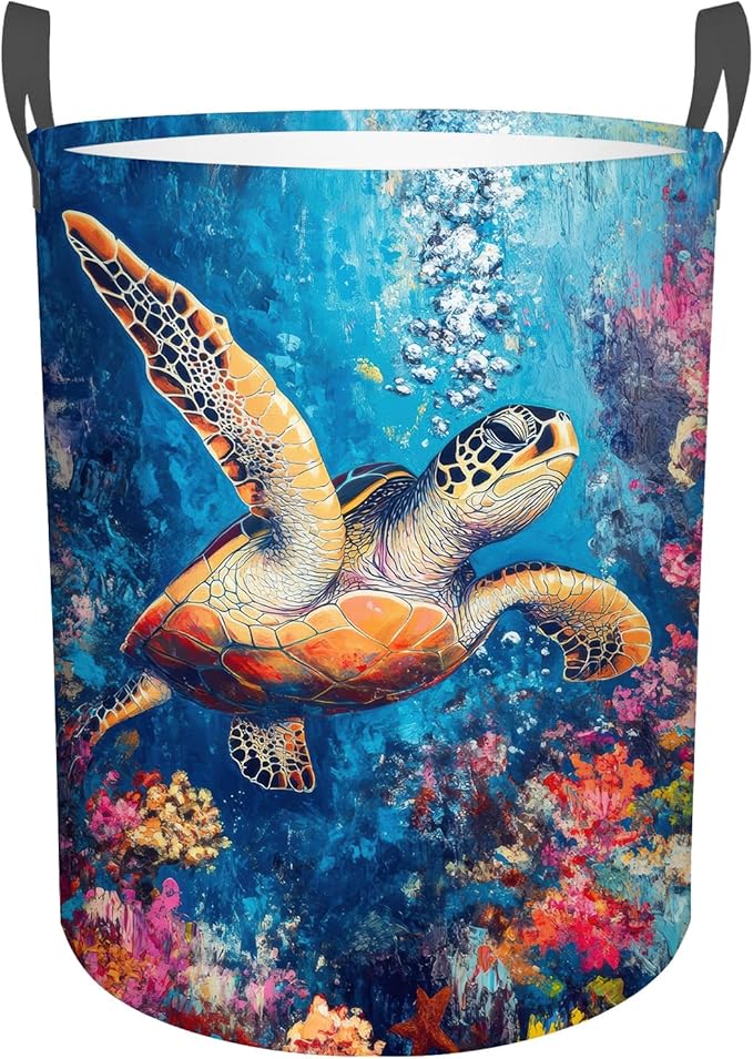 Colorful Sea Turtle Laundry Basket,Foldable Oxford Cloth Funny Tote Bag Laundry Hamper Clothes Storage Bucket Toy Organizer For Bathroom Laundry Storage Bedroom 18.9x16.5