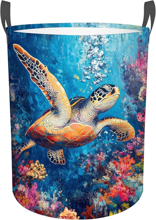 Colorful Sea Turtle Laundry Basket,Foldable Oxford Cloth Funny Tote Bag Laundry Hamper Clothes Storage Bucket Toy Organizer For Bathroom Laundry Storage Bedroom 18.9x16.5