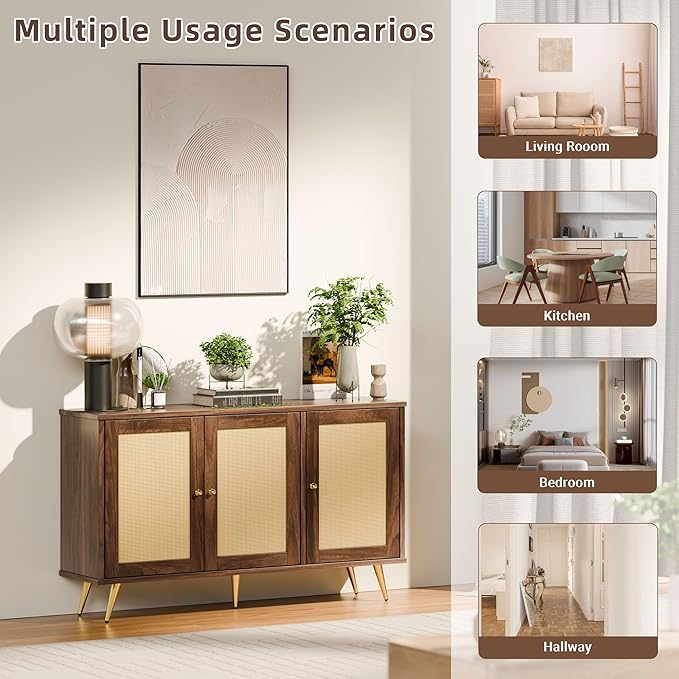 JAMFLY Buffet Cabinet With Storage, Kitchen Storage With 3 Rattan Decorated Doors, Accent Sideboard for Dining Room, Living Room, Entryway, Hallway, Walnut