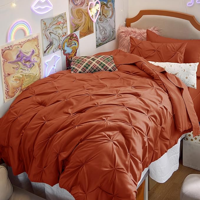 Bedsure Twin Comforter Sets - 5 Pieces Pintuck Bedding Sets Twin Size, Pinch Pleat Burnt Orange Bed in a Bag Twin with Comforter, Sheets, Pillowcase & Sham