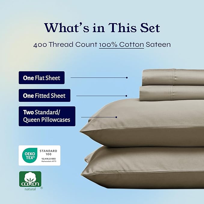 California Design Den Queen Sheet Set - Soft 400 Thread Count Sateen, Natural 100% Cotton Sheets for Queen Size Bed, Deep Pockets for a Snug Fit, Durable Bedding - Taupe
