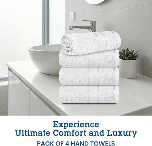 Casa Lino 100% Cotton Hand Towels for Bathroom - Soft, Highly Absorbent & Quick Dry Kitchen Towels - Gym Towel Set - Travel Towel Set - 24" x 16" - Pack of 4 - (White)