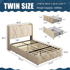 Twin Bed Frame with 4 Storage Drawers, Upholstered Platform Bed with Charging Station, Modern Wingback Storage Headboard, Easy Assembly,Noise-Free, Beige