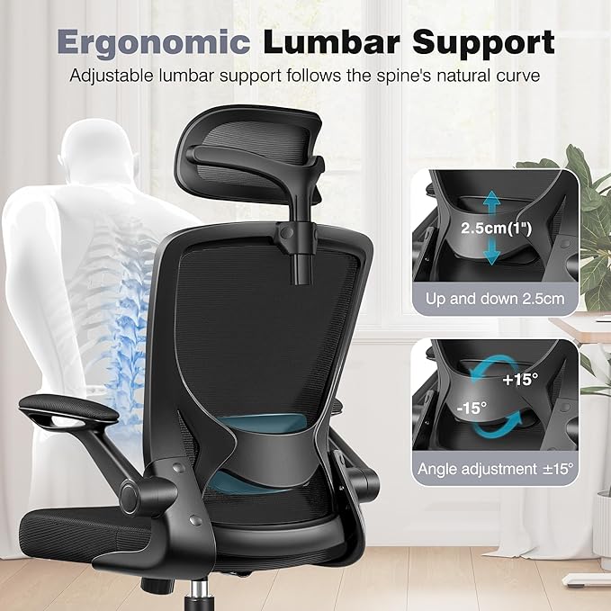 Ergonomic Office Desk Chair, Home Mesh Office Desk Chairs with Adjustable Lumbar Support, Headrest, Flip-up Armrests, High Back Computer Chair for Gaming, Work, Black