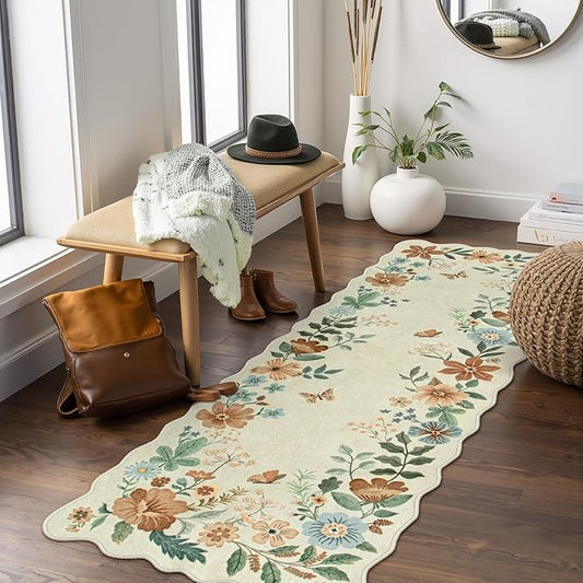 Lahome Floral Kitchen Runner Rug, 2x5 Rug Runners for Hallways Non Slip Ultra-Thin Soft Washable Carpet Runner, Non Slip Low-Pile Stain Resistant Boho Carpet for Bathroom Bedroom(2x5ft,Beige)