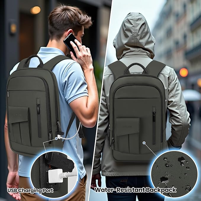 Business Backpack for Men Slim Lightweight Laptop Backpack for 17.3 Inch Computer Water Resistant Small Office Backpack for Commute Travel Daily Office Work with Small Bag (Green)