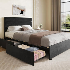 WLIVE Full Size Upholstered Bed Frame with 4 Storage Drawers and Headboard, Velvet Platform Bedframe, Sturdy Metal & Wooden Slats Support, No Box Spring Needed, Easy Assembly, Black