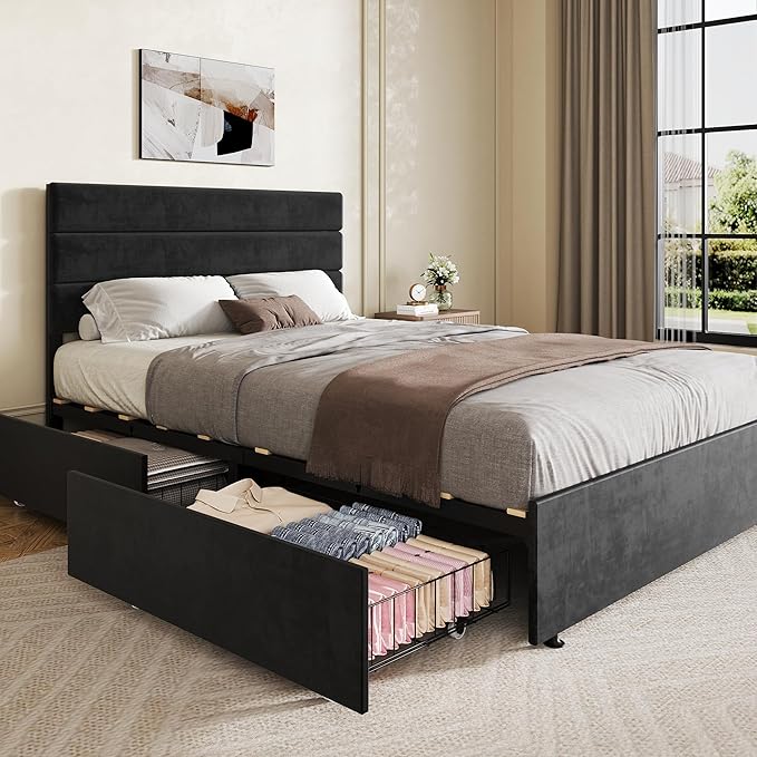 WLIVE Full Size Upholstered Bed Frame with 4 Storage Drawers and Headboard, Velvet Platform Bedframe, Sturdy Metal & Wooden Slats Support, No Box Spring Needed, Easy Assembly, Black