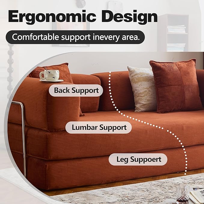 98.4" Convertible Sofa Bed - Compression Sofa with Corduroy Fabric - with Armrests and Backrest - Modular Sectional for Living Room, Bedroom, Studio - Compression Sofa in Box (Orange)