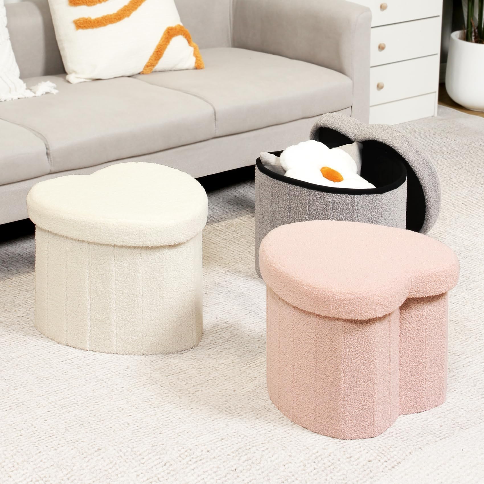 B FSOBEIIALEO Storage Ottoman Cube, Flowers Shaped Ottomans with Storage Foot Stool Footrest for Lving Room, Boucle Ottoman Seat for Dorm Room,Faux Teddy Fur,White 12.6"x12.6"x12.6" Dormly