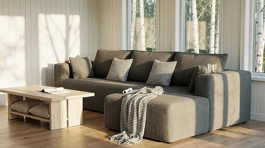 Furnimart 112" L-Shaped Modular Sectional Sofa with Ottoman, Boneless Cloud Couch with Chaise for Living Room, Modern Deep Seat Lounge Sleeper Couch Bed, No Assembly, Corduroy Dark Grey