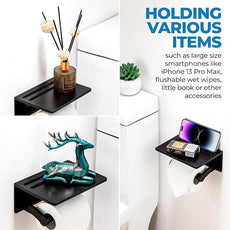 Toilet Paper Holder with Shelf, Black Anti-Rust Aluminum Tissue Roll Holder with Mobile Phone Storage Shelf for Bathroom, 3M Self Adhesive No Drilling or Wall Mounted with Screws