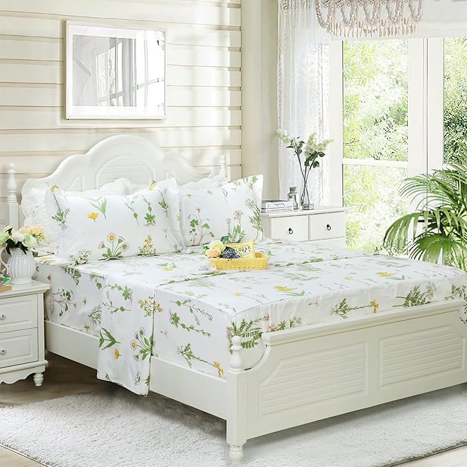 FADFAY 4-Piece California King Bed Sets Combed Cotton Bed Sheets Oversized King Floral Deep Pocket Fitted Sheet Set Cozy House Sheets Natural Hypoallergenic Bedding Sets