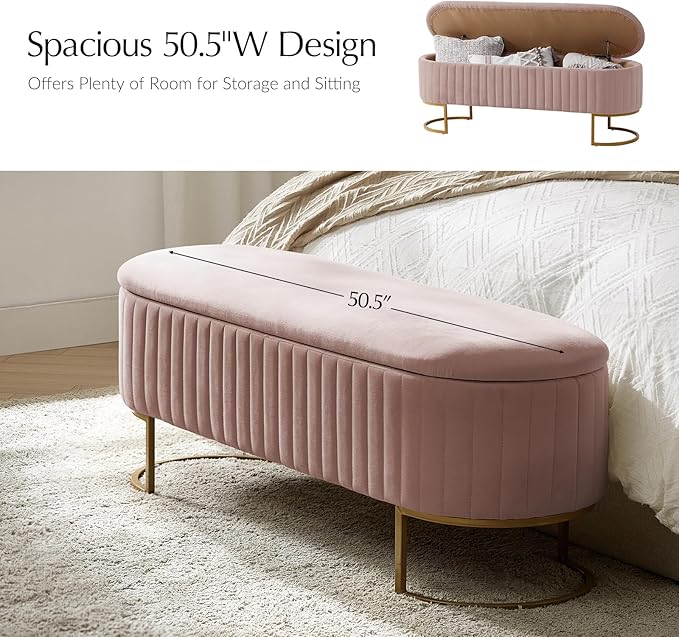 EcoHarbor Living 50.5" Storage Bench Hallway Ottoman,Upholstered End of Bed Bench Velvet with Gold Legs,Flipping Lid Entryway Footrest