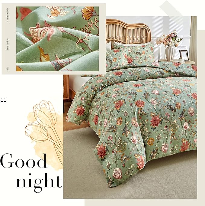MKXI Farmhouse Floral Comforter Set Gorgeous Bed Comforter Print Orange Pink Flowers On Green Queen Size Botanical Comforters Vine Pattern Aesthetic Bedding Comforter for All Season