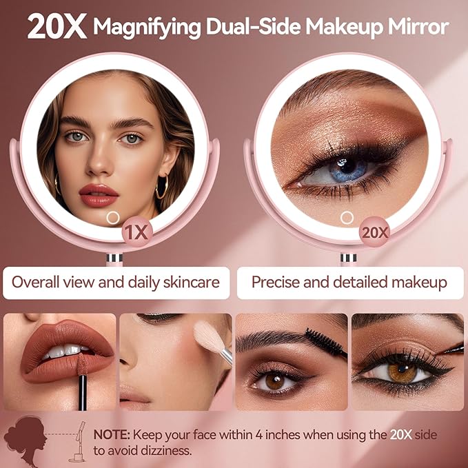 Shinowa Makeup Mirror with Lights, 1X/20X Lighted Magnifying Mirror with Storage for Makeup & Jewelry, 2-Sided Height Adjustable Vanity Mirror with 3 Color Lights, 360° Rotation & Rechargeable, Pink