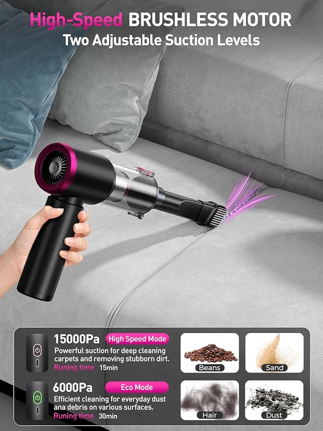 Mini Car Vacuum Portable Cordless with LED Light, 15000PA Powerful Suction, 80W High Power, One-Click Empty, Dual Hepa Filter, Car Vacuum Cleaner & Air Duster for Home, Desk, PC, Keyboard