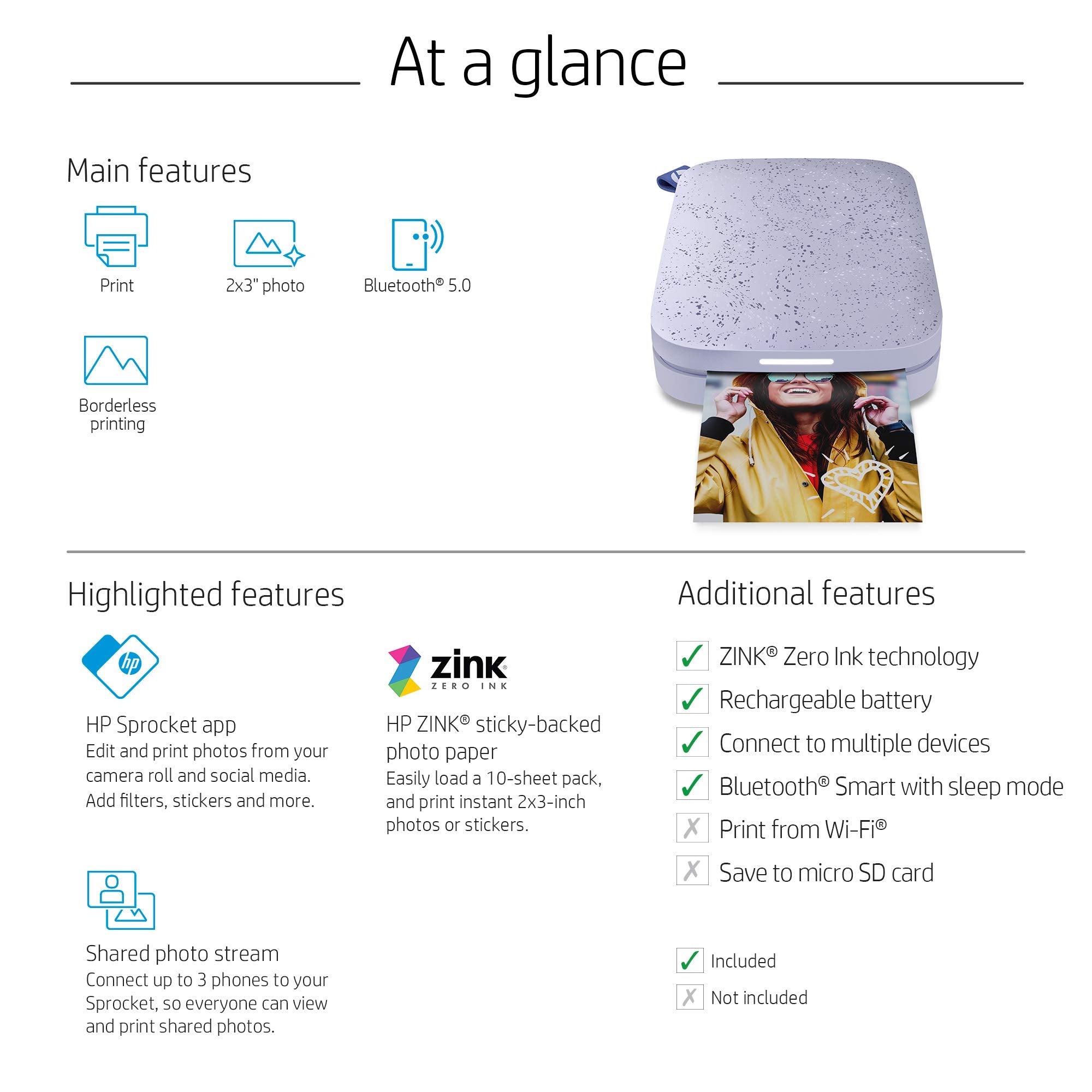 HP Sprocket Portable 2x3 Instant Photo Printer (Lilac) Print Pictures on Zink Sticky-Backed Paper from Your iOS & Android Device.