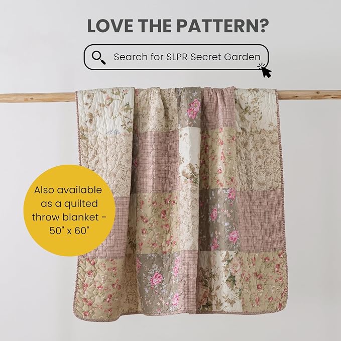 SLPR Secret Garden Patchwork Cotton Pieced Quilt Set - Queen with 2 Shams, Country Shabby Chic Bedding with Flower Pattern, Pink Floral Farmhouse Quilted Bedspread for All Seasons