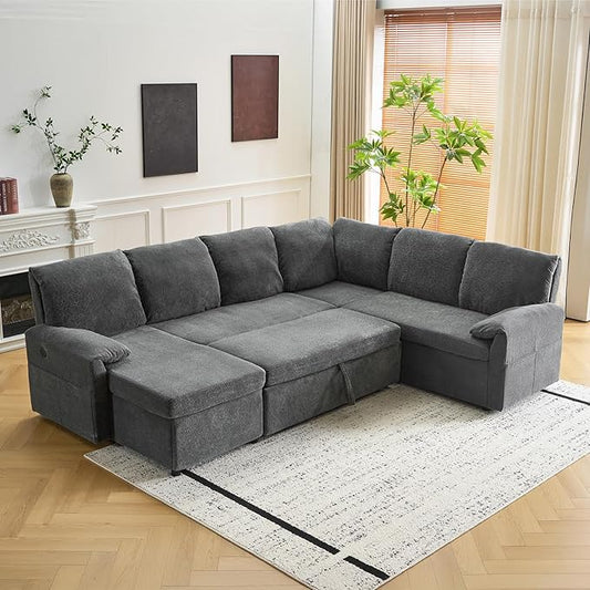 VINGLI Convertible Sofa Bed Couches for Living Room, Sleeper Sofa with Pull Out Couch Bed, Cloud-Like Plush Fleece U-Shape Sectional Couch with Storage Chaise, USB Charging, Side Pockets