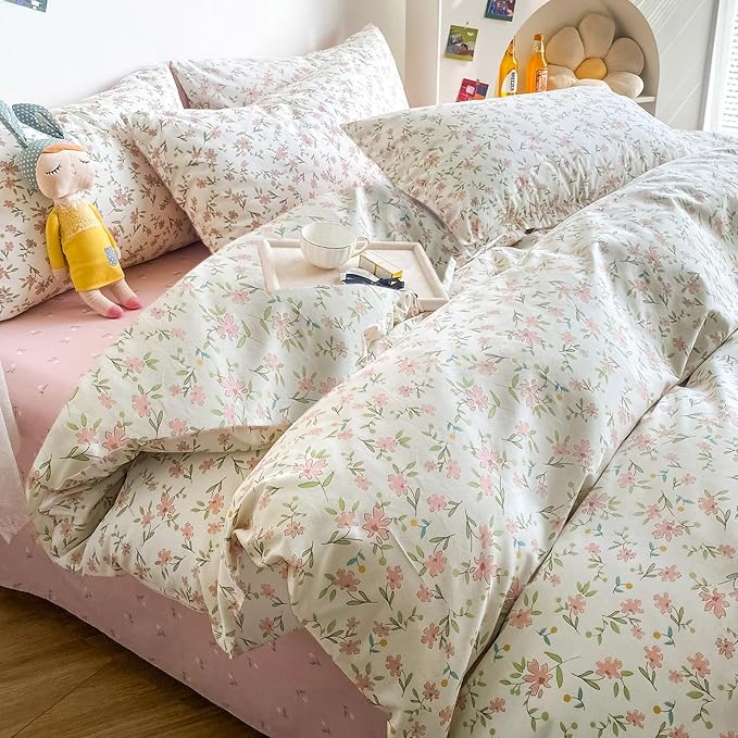 MKXI Garden Floral Comforter Full Peach Blossom Pink White Floral Comforter Set for Girls Botanical Bedding Comforter Pink Flowers Print Comforter Vintage Farmhouse Bed Comforters