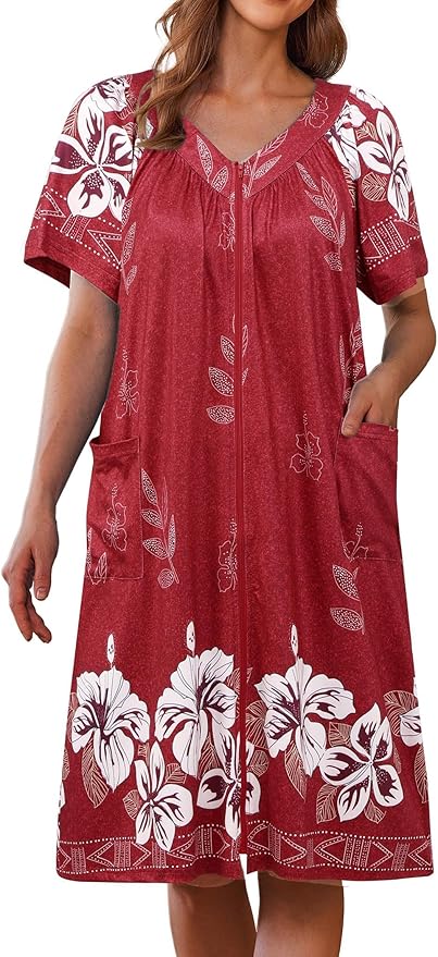 Ekouaer Women Robe Zipper Front Mumu Duster Robes Zip Up Housecoat Soft Sleepwear with Pockets