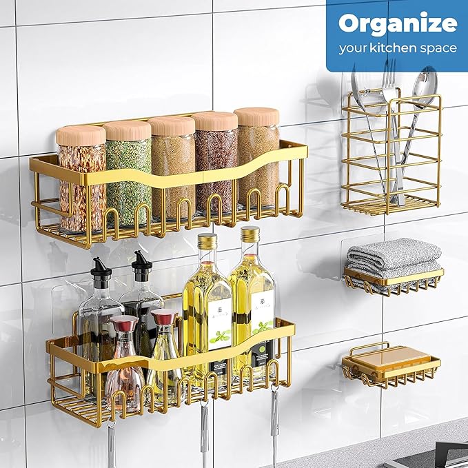 Fab Glass and Mirror 5-Pack Shower Caddy, Gold - Shower Organizer & Shelves for Efficient Storage, Bathroom Caddy for Wall Organizer, Durable Showers Wall Caddy