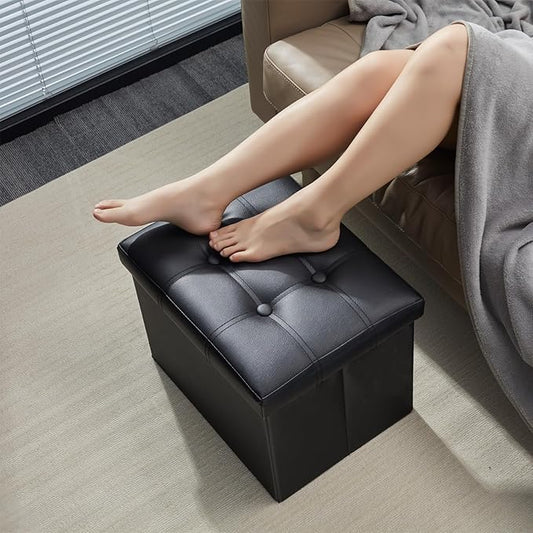 AmasSmile Storage Ottoman Folding Foot Rest Stool, Leather Footstool Bench, Short Ottoman Stool, Storage Foot Rest Store, Books (Black, 17" D x 13" W x 13" H)