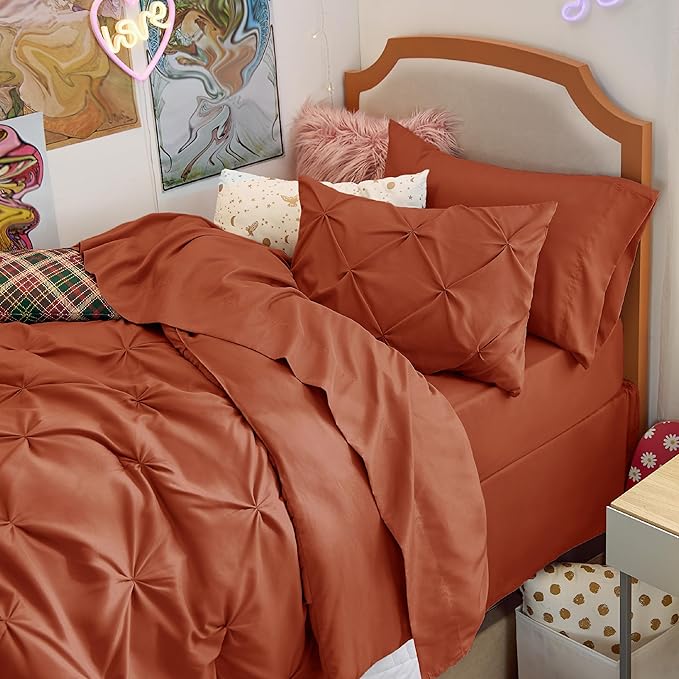 Bedsure Twin Comforter Sets - 5 Pieces Pintuck Bedding Sets Twin Size, Pinch Pleat Burnt Orange Bed in a Bag Twin with Comforter, Sheets, Pillowcase & Sham