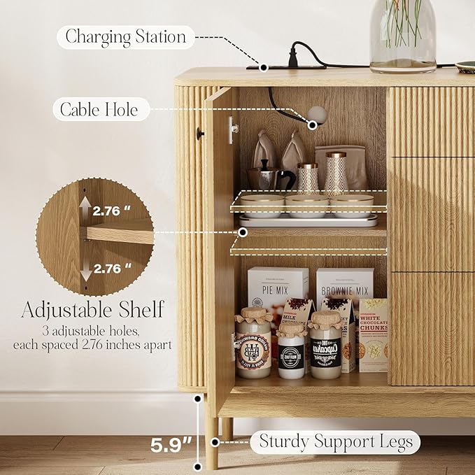 59" Sideboard Buffet Cabinet with Storage, Modern Fluted Accent Credenza with Charging Station, Wood Mid Century Buffet Table Coffee Bar Console Table with 3 Drawers & 2 Doors for Kitchen, Entryway