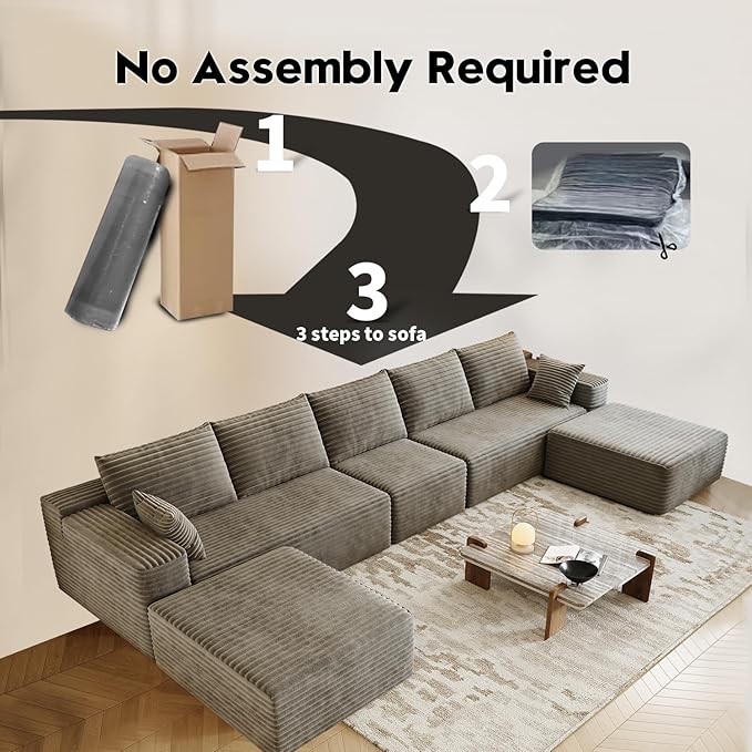 168.5" Modular Sectional Sofa, Oversized U-Shaped Minimalist Couches with 1 Middle Seat and 2 Ottomans Chaise, Modern Deep Seat Convertible Sleeper Sofa, Cloud Plush Corduroy Fabric,7 Seater, Camel
