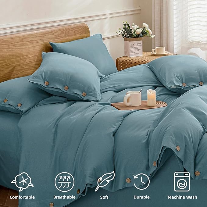 JELLYMONI Cotton Duvet Cover Cal King Size - Grayish Blue Comforter Cover with Button 100% Washed Cotton 3PCS Breathable Soft Solid Bedding Set Duvet Cover 104×98in & 2 Pillowcases (NO Comforter)