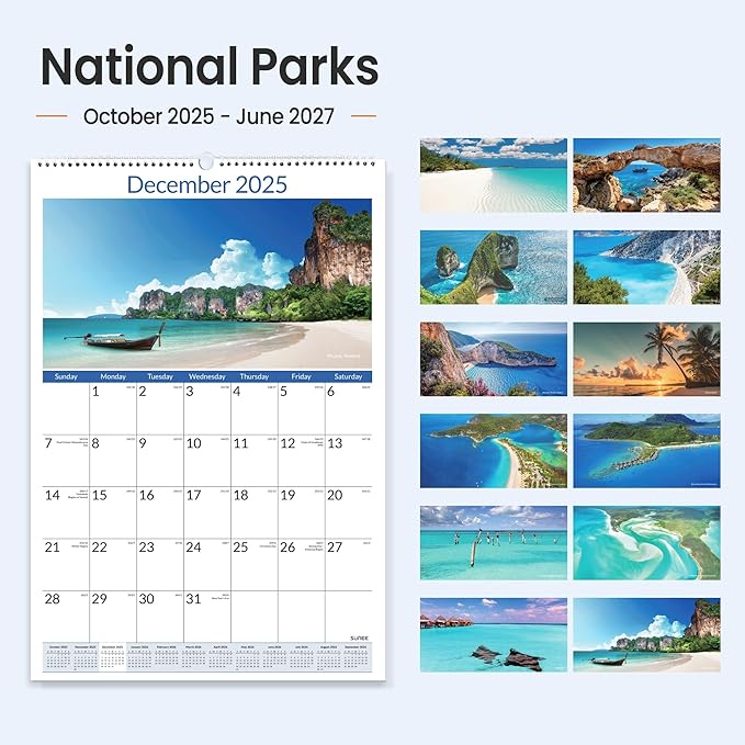 SUNEE 2026 Wall Calendar Large 22.75"x15.5", 21 Month from October 2025 to June 2027, Vertical Extra Large Monthly Calendar 2026-2027 for Wall, Beaches
