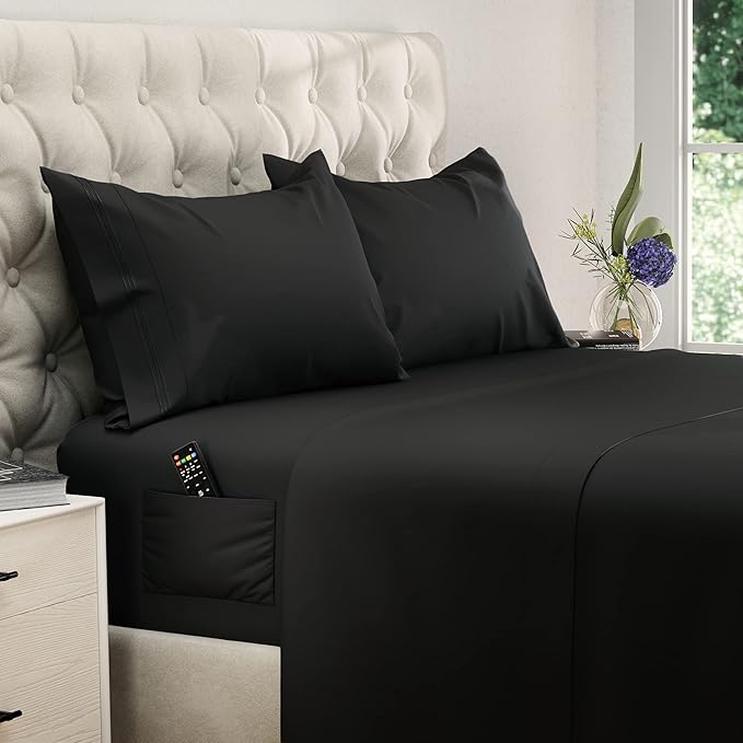 DREAMCARE California King Sheet Sets – 4 pcs Cooling Sheets – up to 21” Deep Cal King Sheets – Hotel Luxury Pillowcases – Superior Softness 100% Fine Microfiber with Side Pocket – Black DREAMCARE