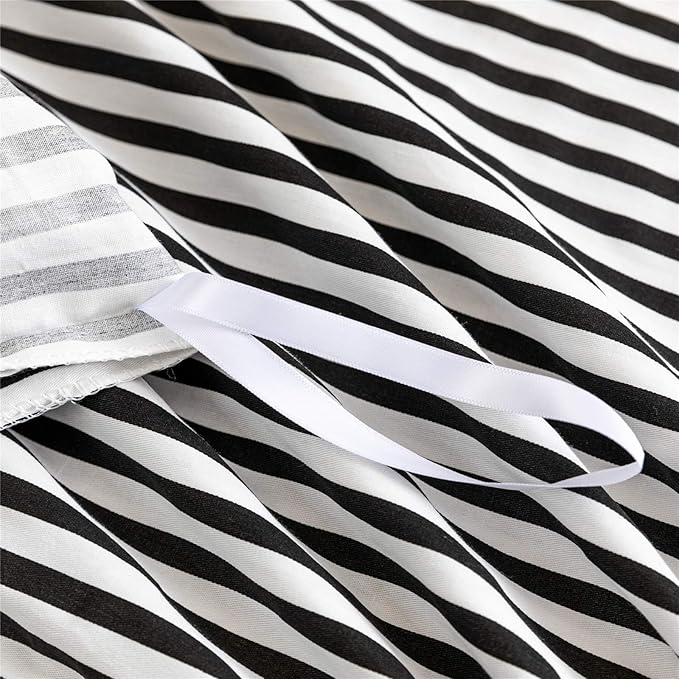 JELLYMONI 100% Natural Cotton 2pcs Striped Duvet Cover Sets,White Duvet Cover with Black Stripes Pattern Printed Comforter Cover,with Zipper Closure & Corner Ties(Twin Size)