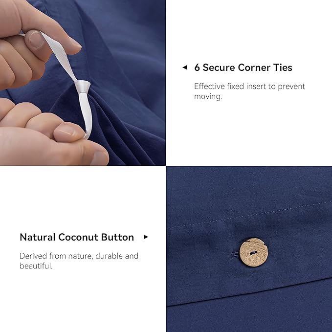 JELLYMONI Cotton Duvet Cover Full Size - Navy Blue Comforter Cover with Button 100% Washed Cotton 3PCS Breathable Soft Solid Bedding Set Duvet Cover 80×90in & 2 Pillowcases (NO Comforter)