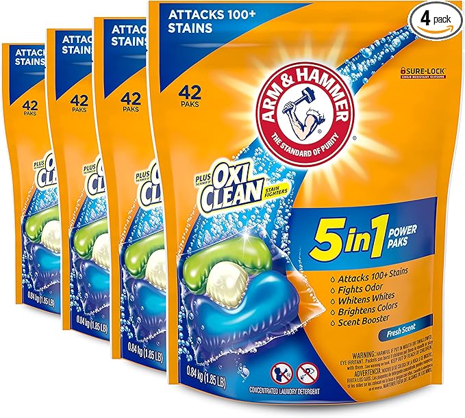 ARM & HAMMER Plus OxiClean 5-in-1 Liquid Laundry Detergent Power Paks, High Efficiency (HE), 42 Count (Pack of 4)